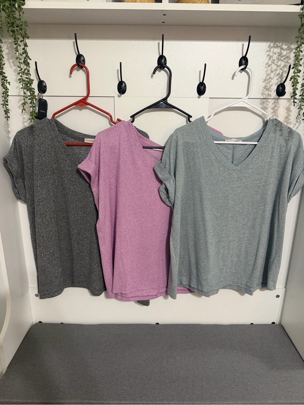 Zenana Outfitters V-Neck Short Sleeve Tee — Pink, Gray, Charcoal
